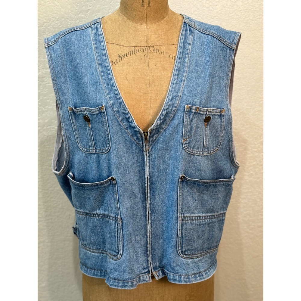 Vintage Perry Ellis Denim Utility Vest Light Wash Multi-Pocket Women's Medium‎